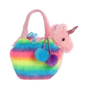 Pink Unicorn in Fluffy Rainbow Bag
